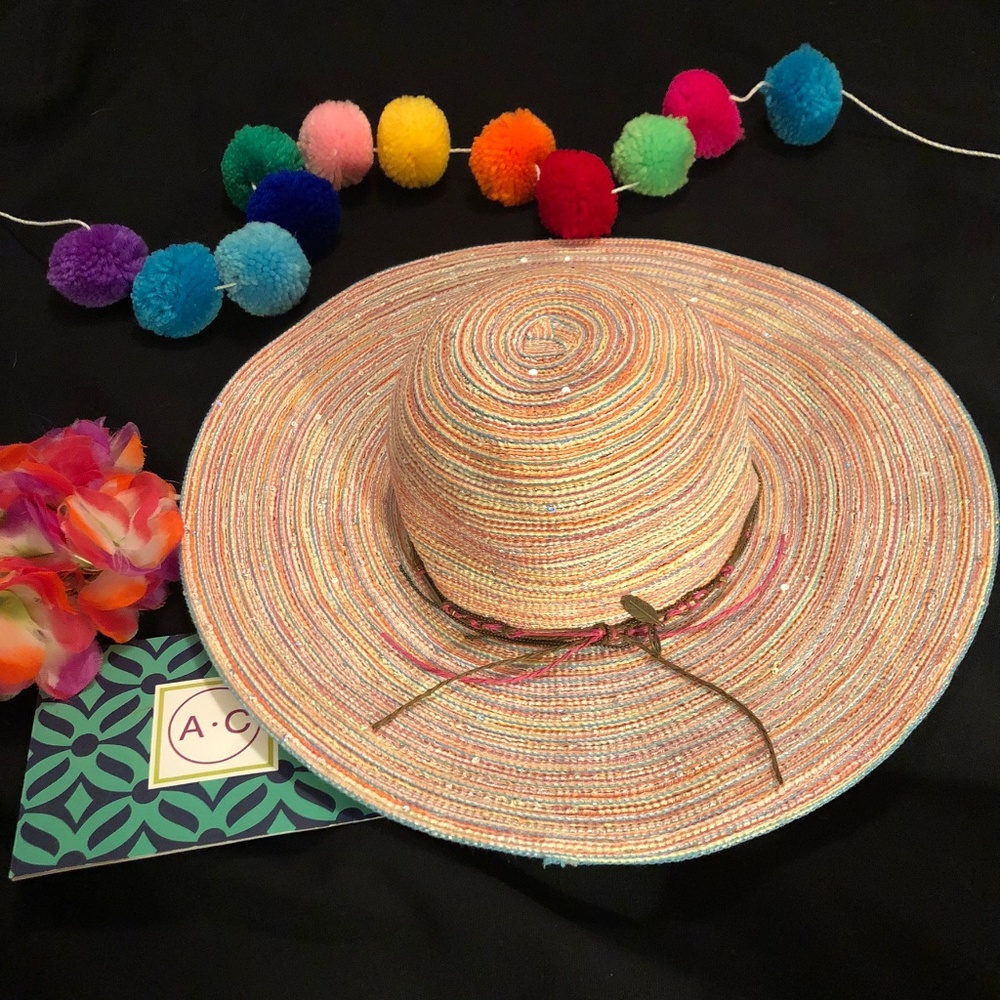 NEW pink striped straw wide brim beach hat